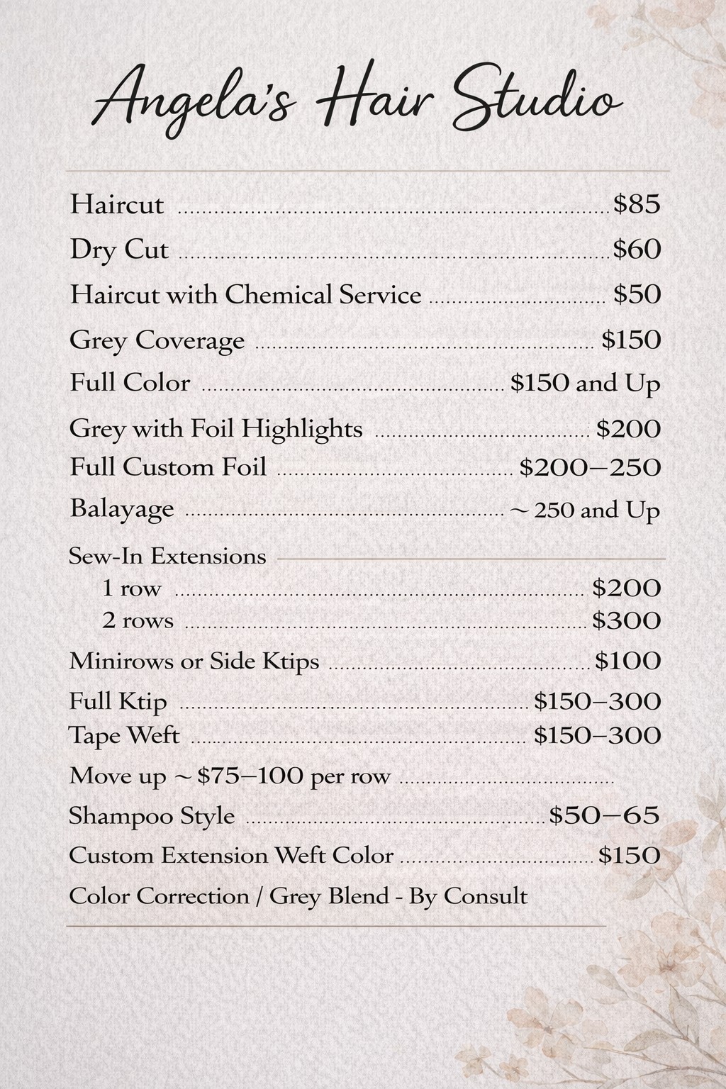 Angela's Hair Studio Price List